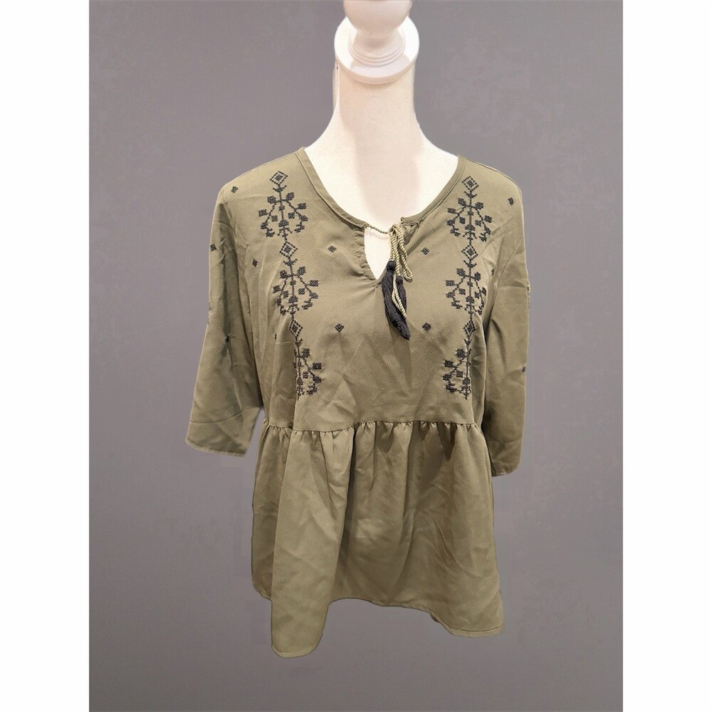 Mayra Tunic Top Womens Petite Small Olive Green Embroidered Peplum Tie